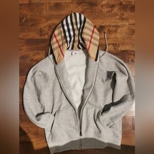 Gray Zip-Up Hoodie with Plaid Hood